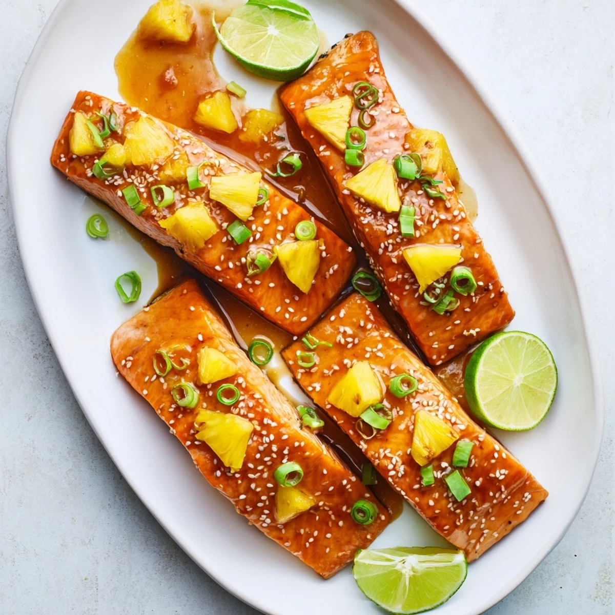 Golden brown pineapple glazed salmon fillets drizzled with shiny tangy glaze and garnished with green onions