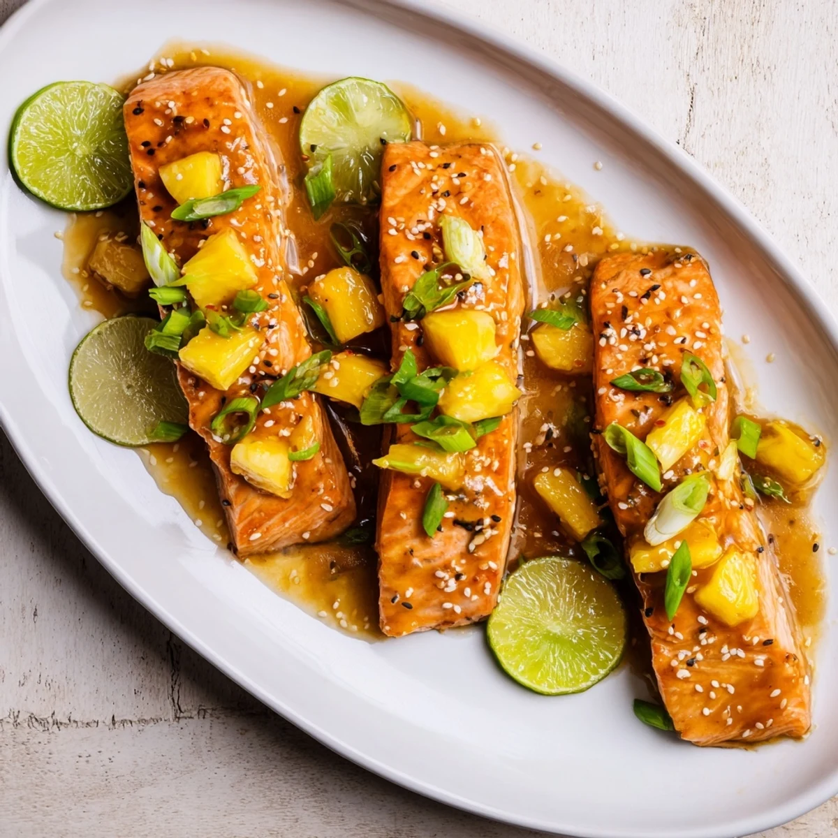 Baked salmon topped with sweet pineapple glaze served on white plate with sesame seeds and lime