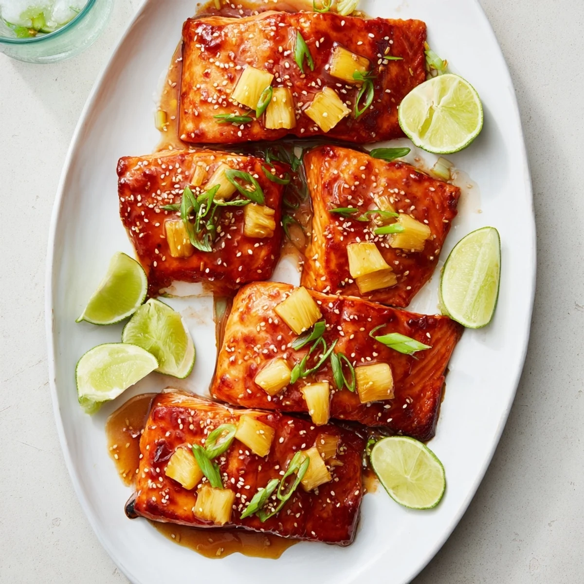 Oven roasted pineapple glazed salmon with sticky caramelized coating and fresh pineapple chunks on a serving platter