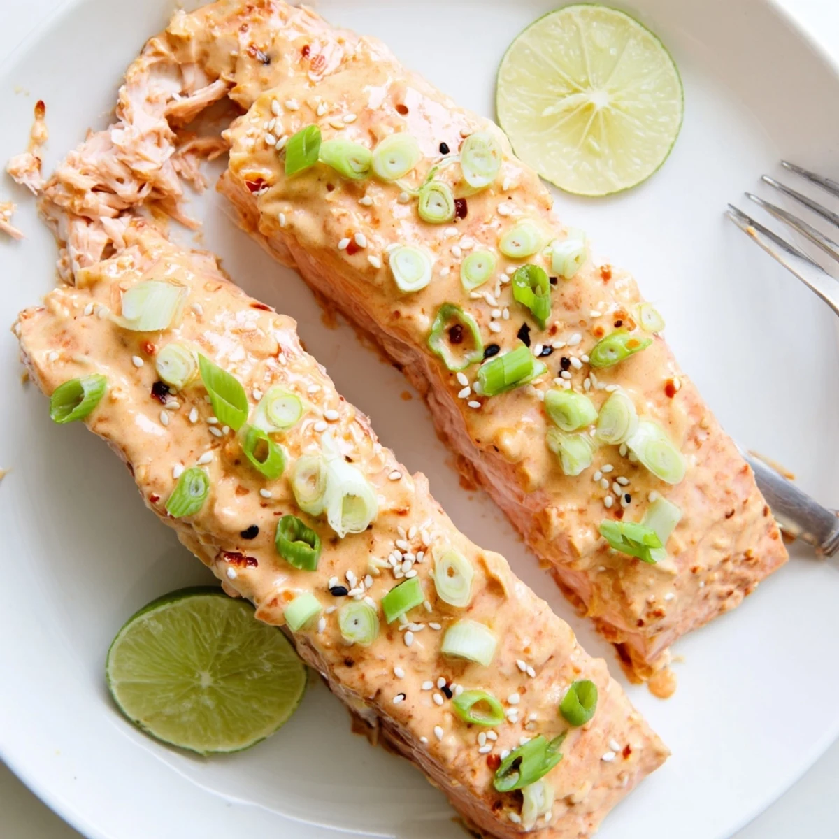 Golden baked Bang Bang salmon fillets brushed with creamy spicy red sauce and garnished with fresh green onion slices