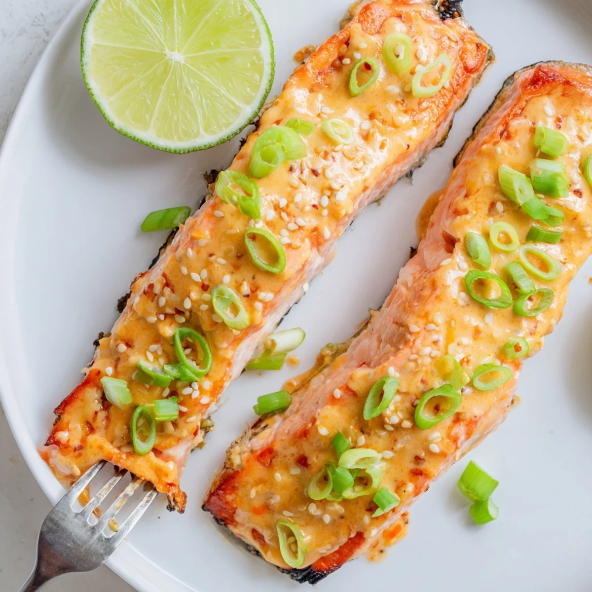 Tender oven roasted Bang Bang salmon drizzled with sweet chili mayonnaise sauce and topped with toasted sesame seeds