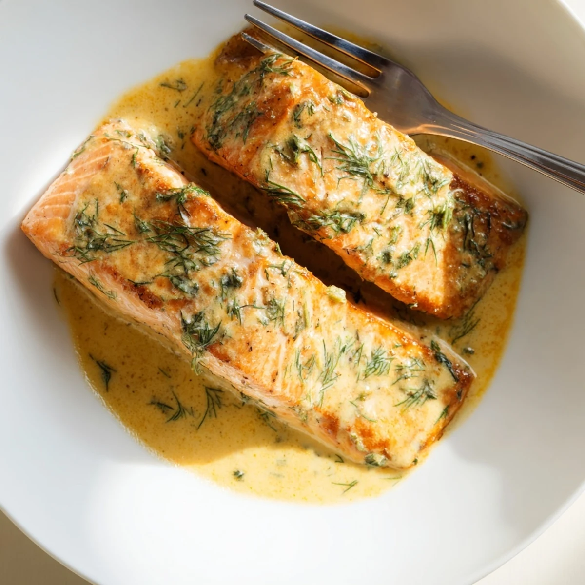 Golden pan-seared salmon fillets swimming in rich creamy garlic butter sauce with fresh herbs