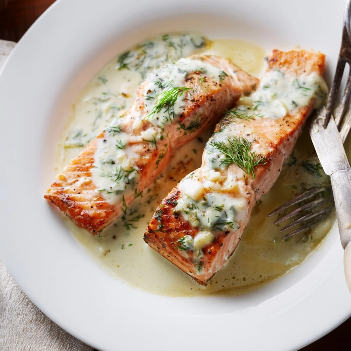 Creamy garlic butter salmon served steaming hot with parmesan sauce and vibrant green parsley garnish