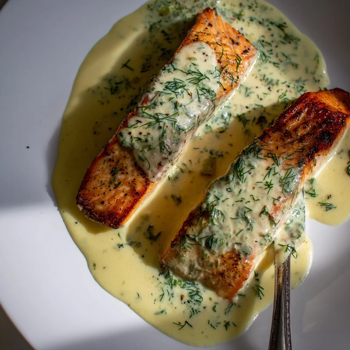 Succulent salmon pieces coated in luxurious garlic butter cream sauce plated for a comforting dinner
