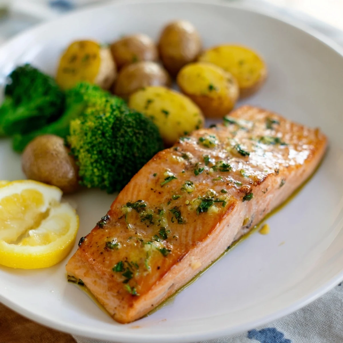 Crispy roasted baby potatoes and tender broccoli surrounding lemon butter salmon on white plate