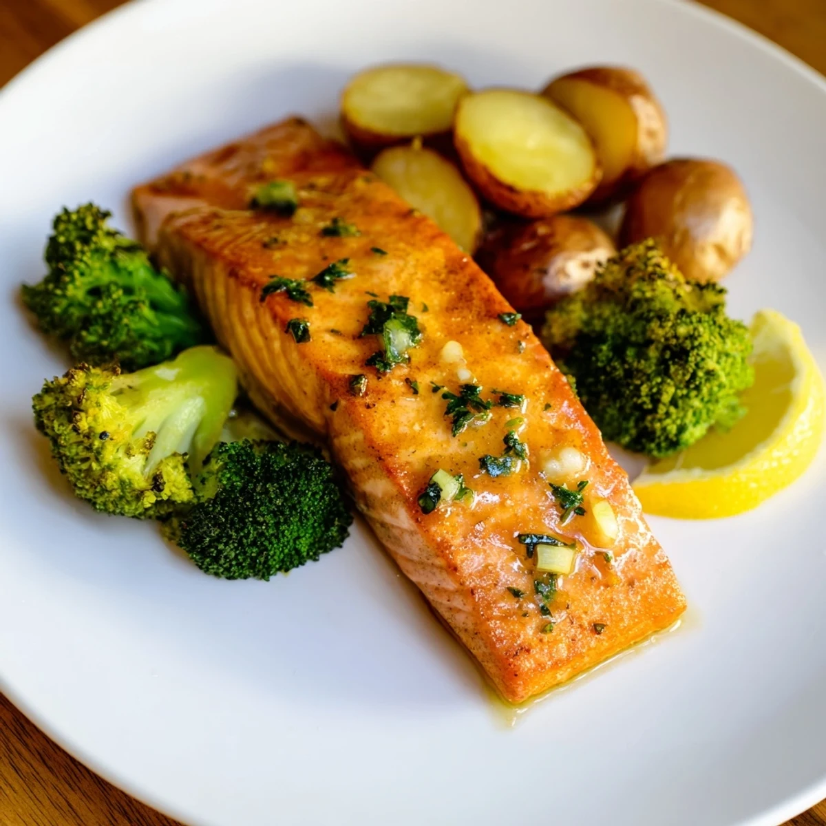 Complete healthy dinner featuring juicy salmon with lemon garlic sauce over crispy potato wedges