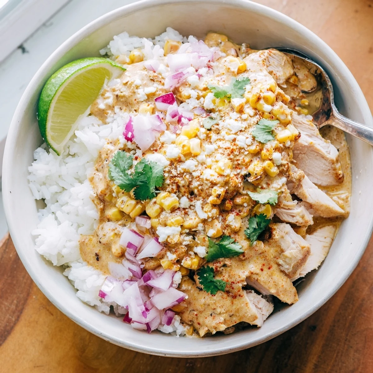 Golden grilled chicken slices topped with creamy street corn mixture over fluffy rice in a colorful bowl