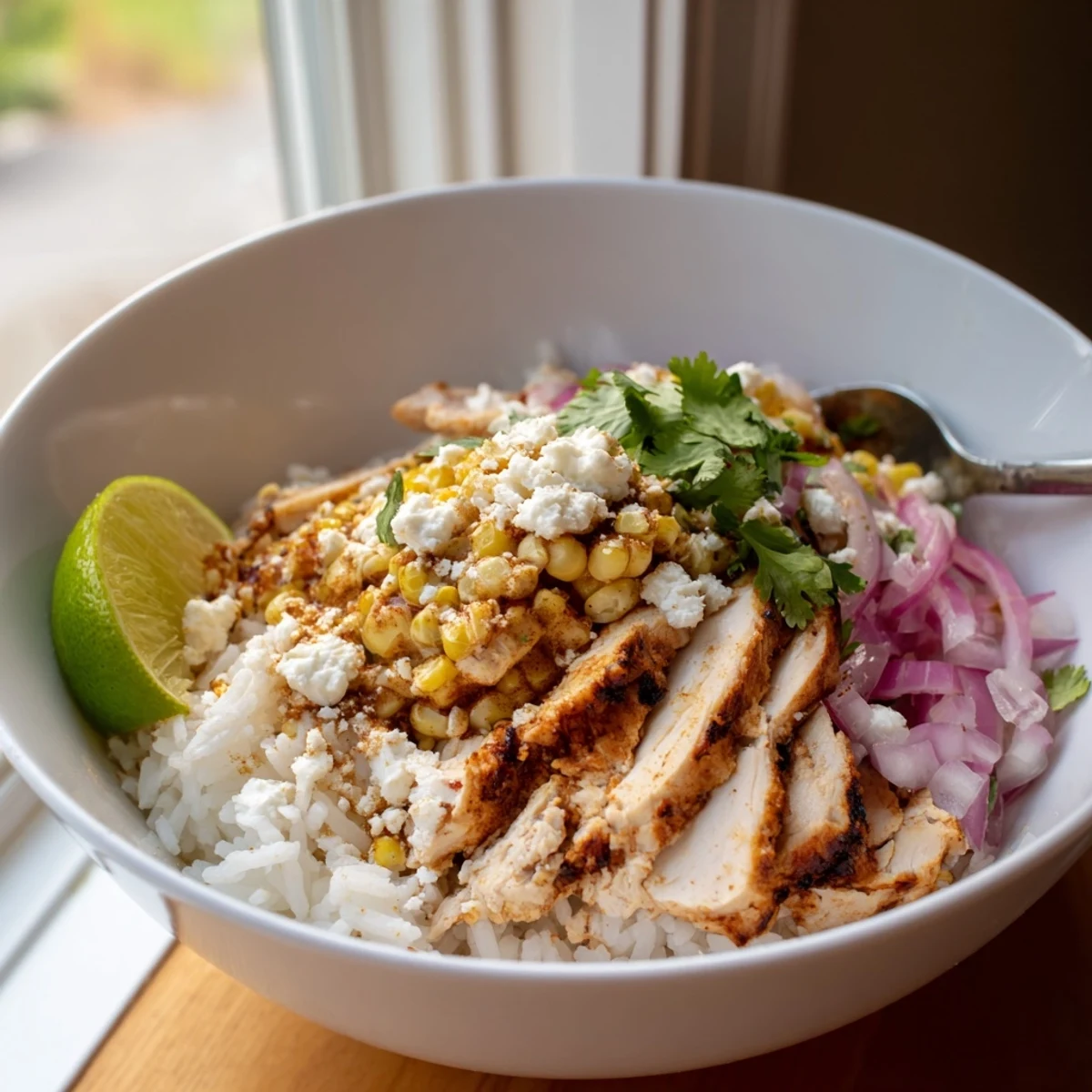 Juicy spiced chicken breast served with zesty cotija corn topping and fresh cilantro garnish in this easy Mexican-inspired bowl