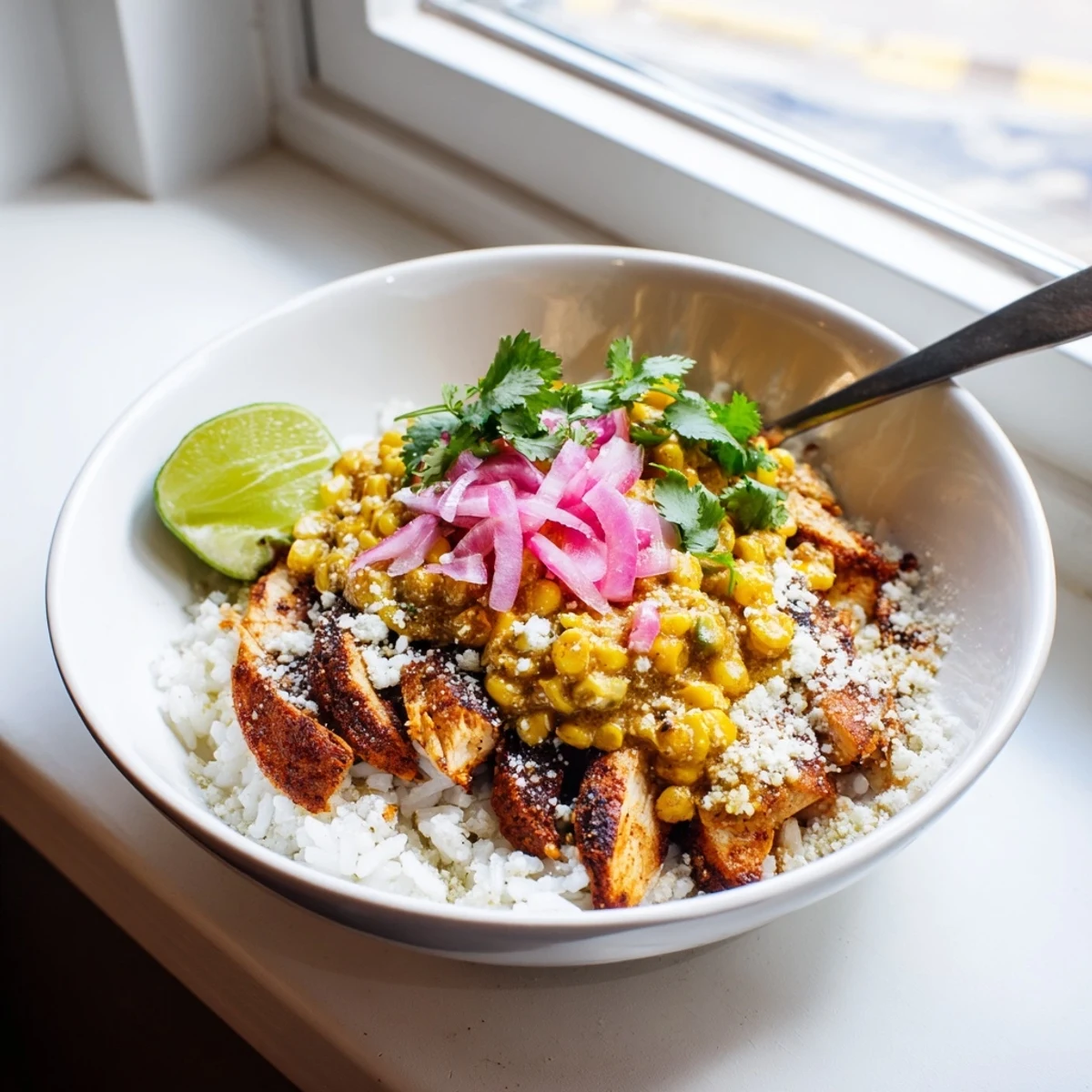 Savory sliced grilled chicken arranged over charred corn crema base with lime wedges and red onion in a vibrant dinner bowl