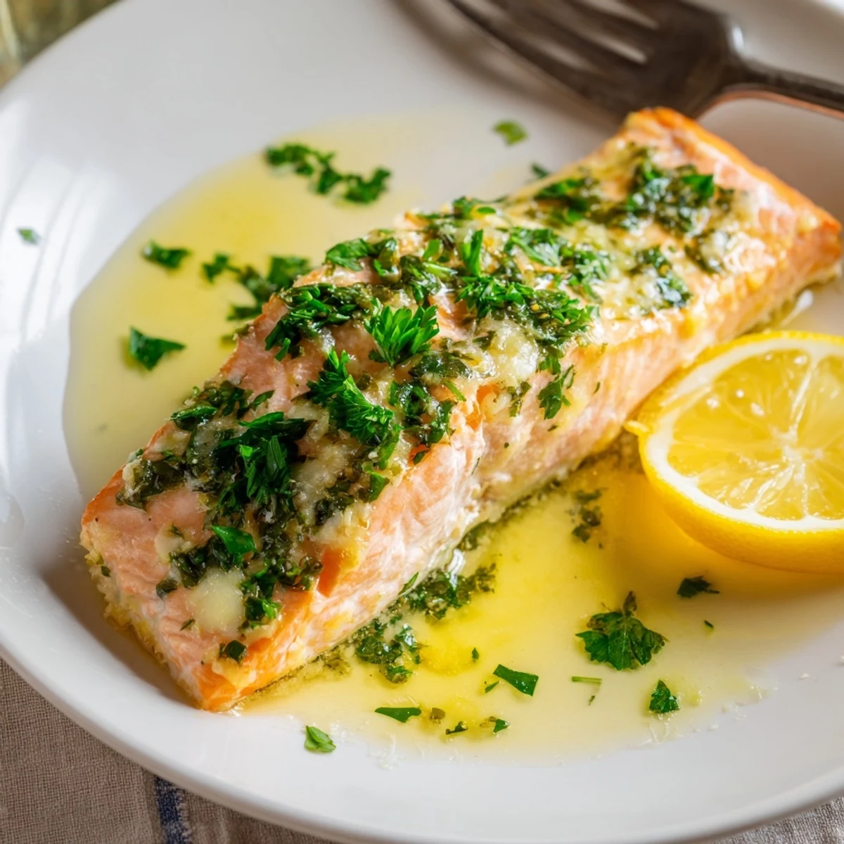 Golden baked salmon fillet glazed with rich garlic butter and fresh parsley garnish