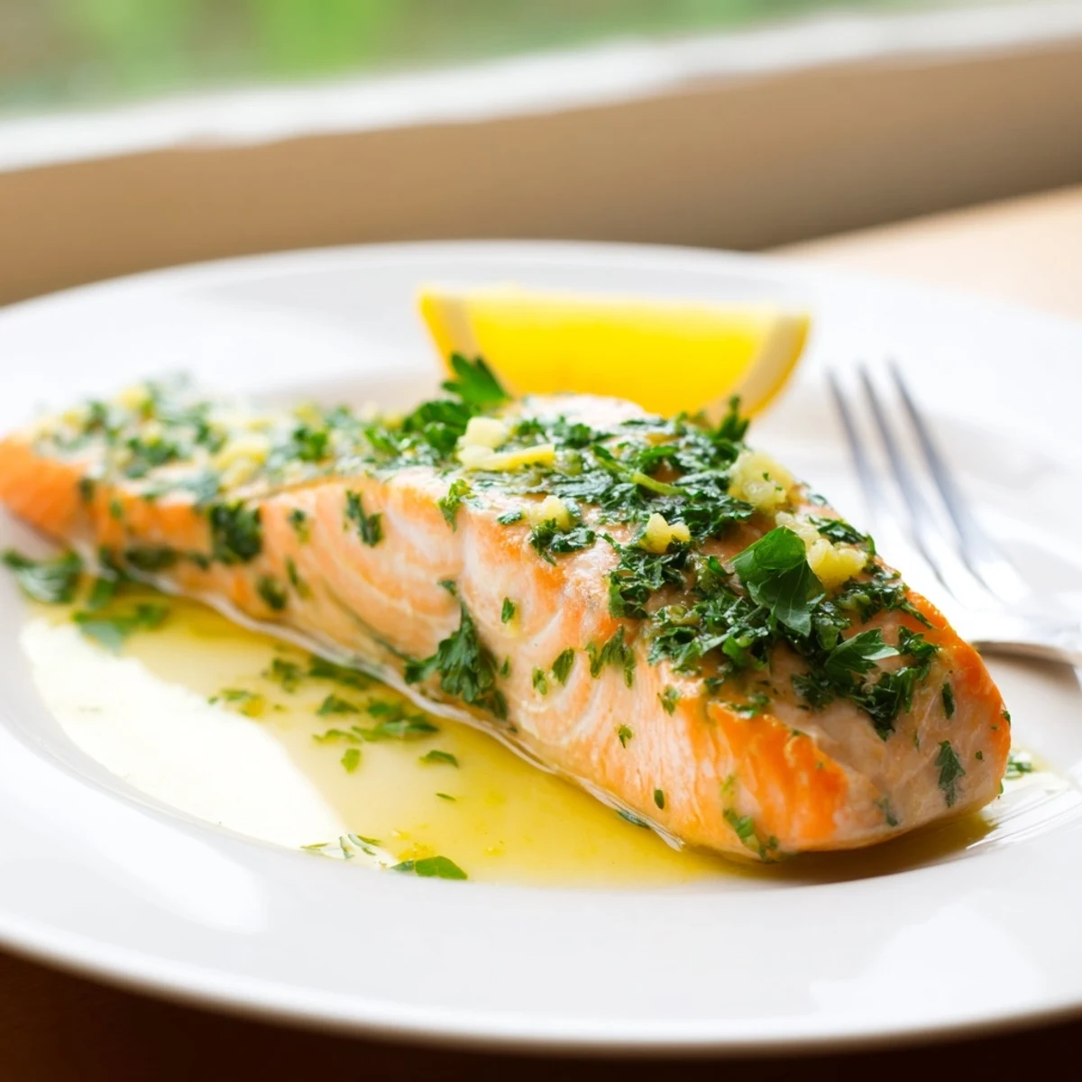 Flaky salmon baked in aromatic garlic butter sauce on a white baking sheet