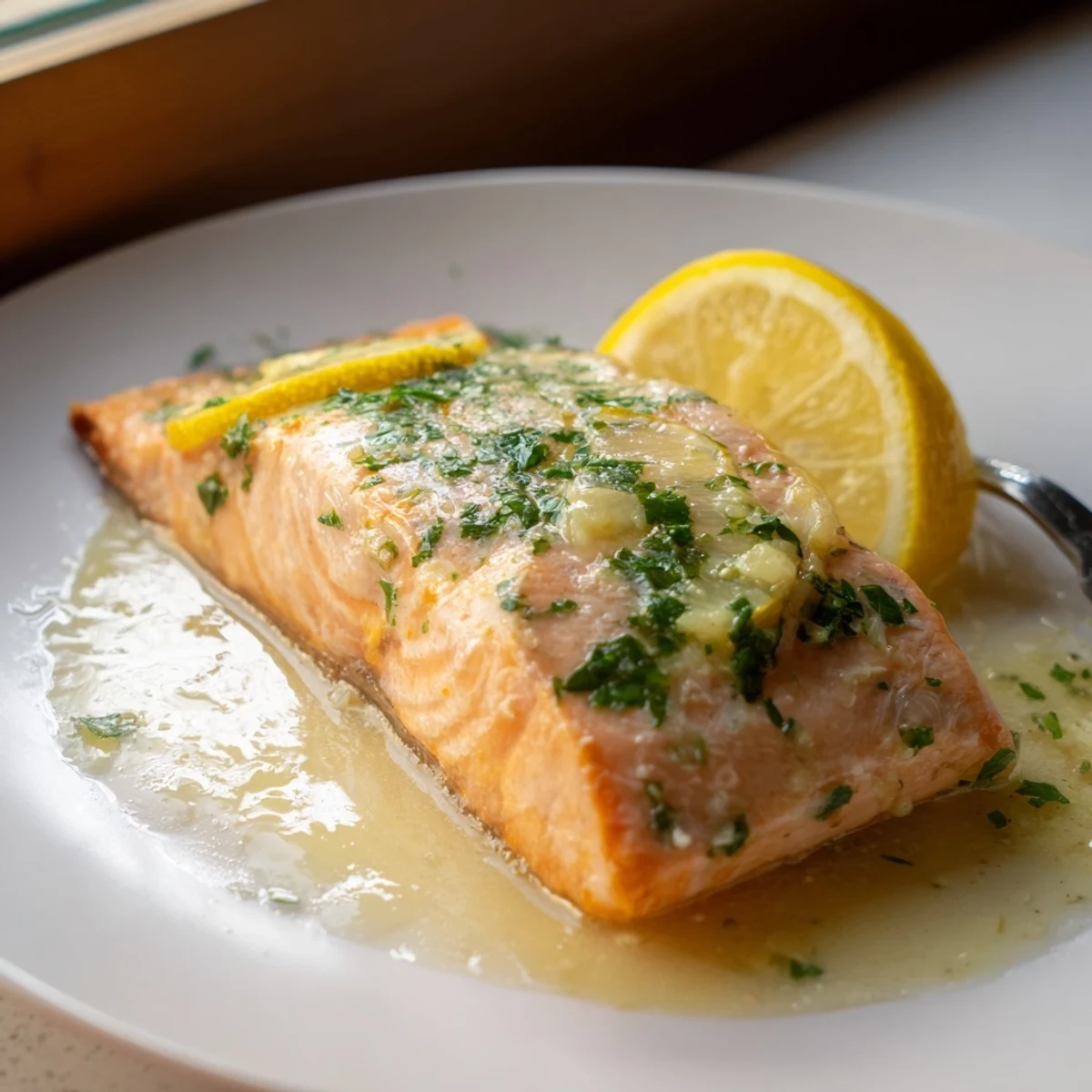Tender oven roasted salmon with melted garlic butter sauce and lemon slices