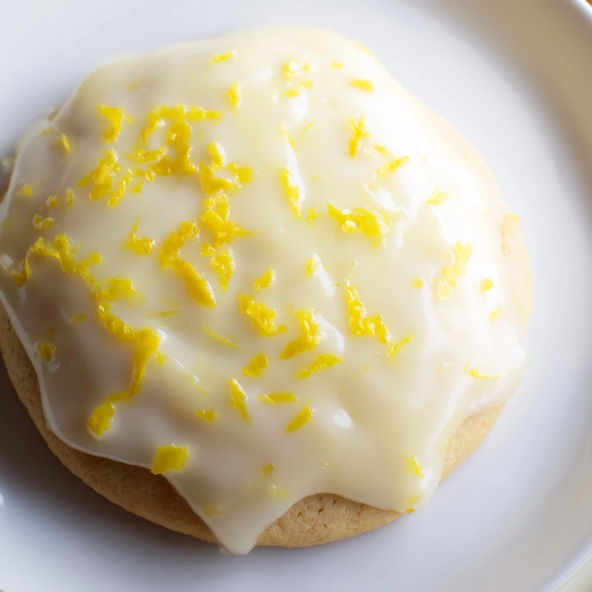 Soft lemon frosted cookies drizzled with tangy white glaze on a white plate