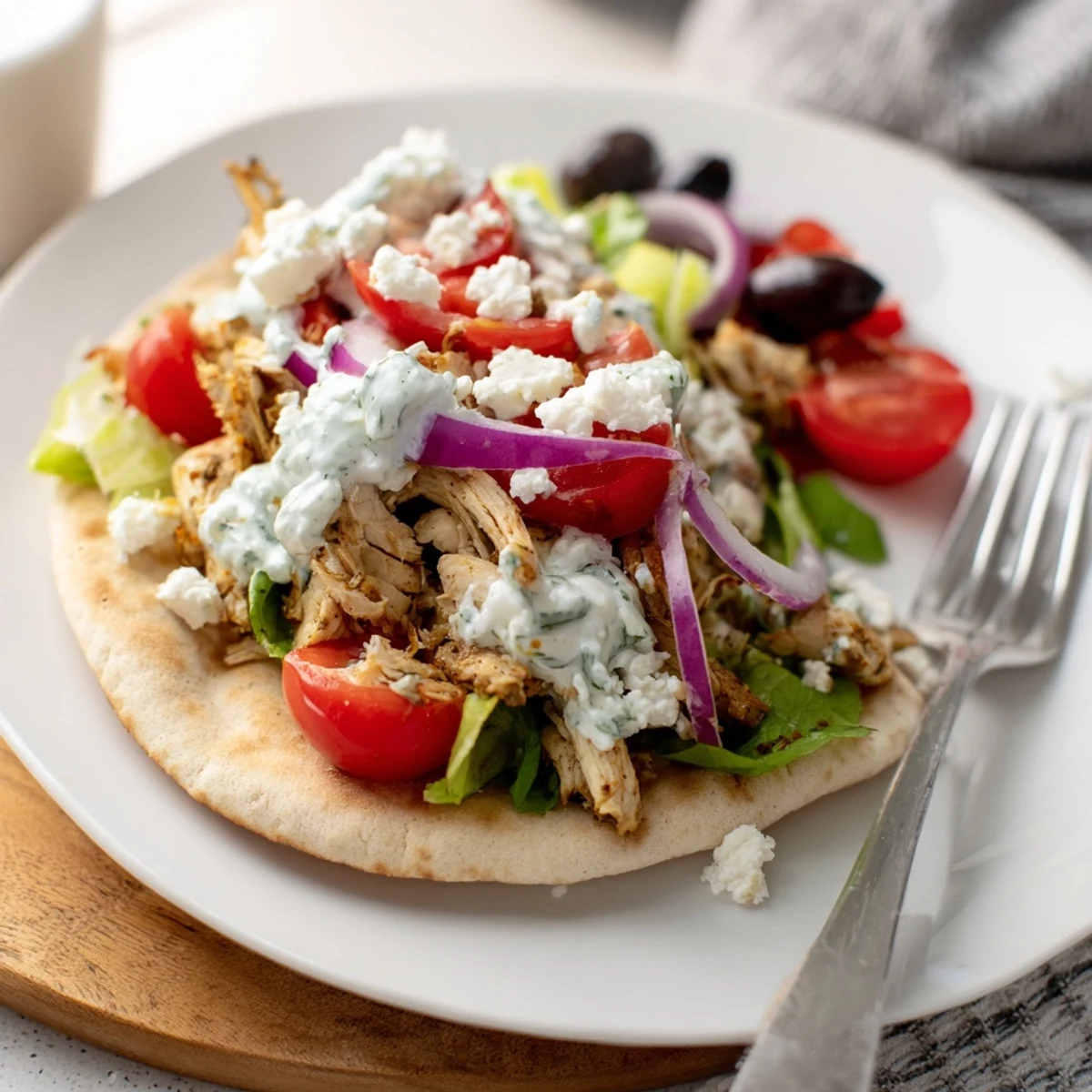 Slow cooker Greek chicken pitas piled high with juicy spiced meat, crisp vegetables, and cool tzatziki sauce