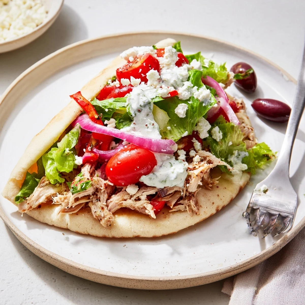 Handheld Crockpot Greek chicken pitas featuring tender shredded chicken, fresh lettuce, tomatoes, and creamy yogurt sauce