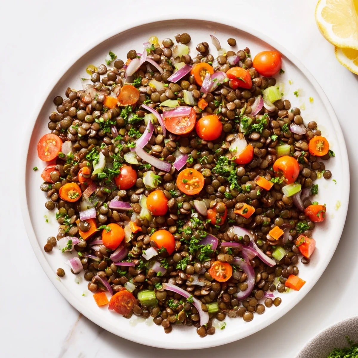French lentil salad featuring tender green lentils, cherry tomatoes, and diced vegetables drizzled with tangy mustard dressing