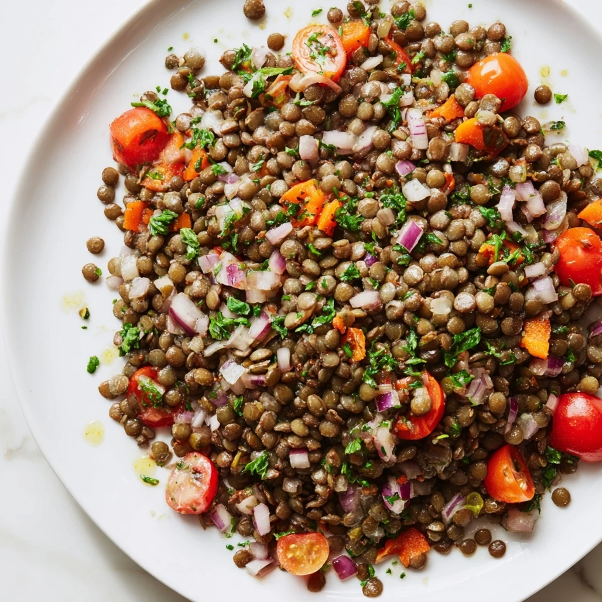Colorful bowl of French lentil salad with crisp vegetables and zesty Dijon vinaigrette, garnished with fresh herbs