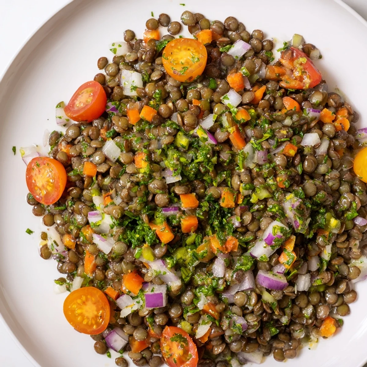 Close-up of vibrant French lentil salad with chopped parsley, chives, and colorful vegetables coated in lemon Dijon vinaigrette