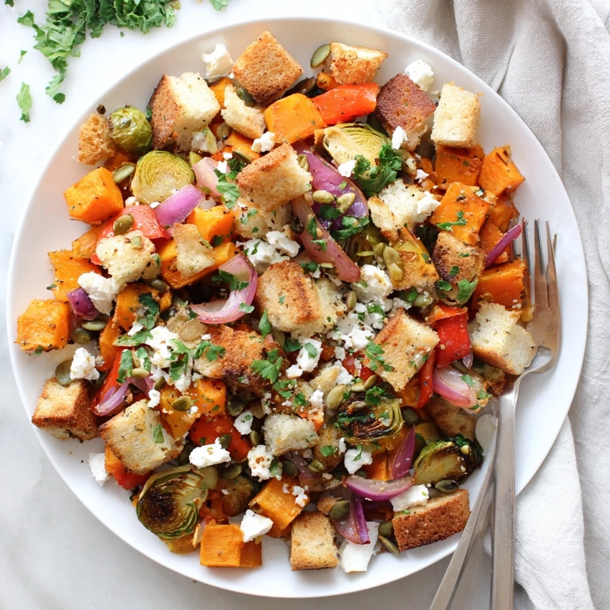 Hearty vegetable panzanella salad featuring butternut squash, sweet potato, and crusty sourdough with tangy vinaigrette