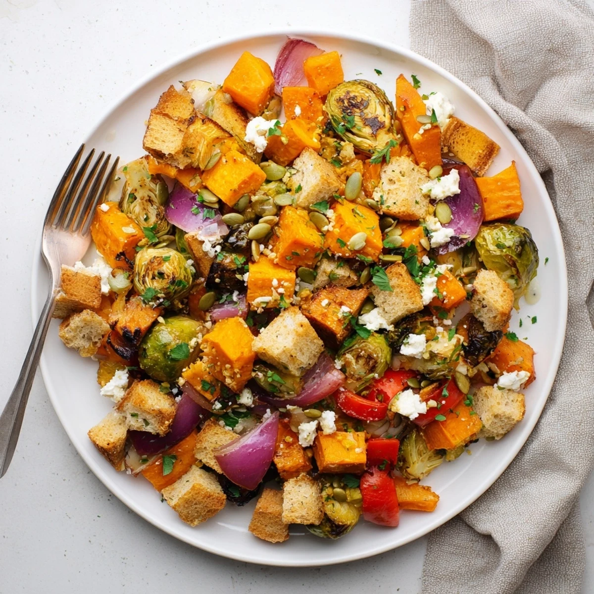 Rustic roasted vegetable panzanella topped with fresh parsley and pumpkin seeds for a cozy fall meal