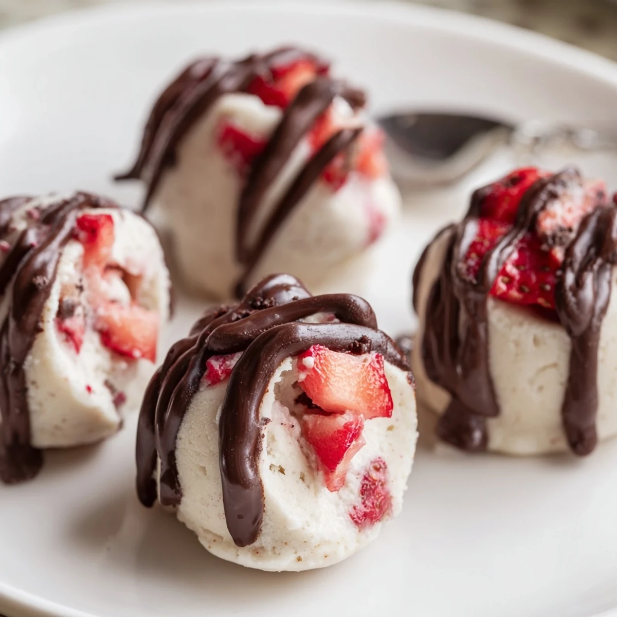 Creamy strawberry high protein yogurt bites drizzled with melted chocolate on a white plate