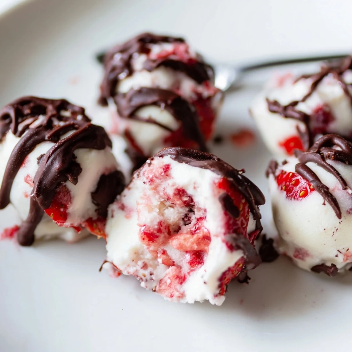 Close-up of frozen strawberry high protein yogurt bites showing red fruit pieces throughout white yogurt