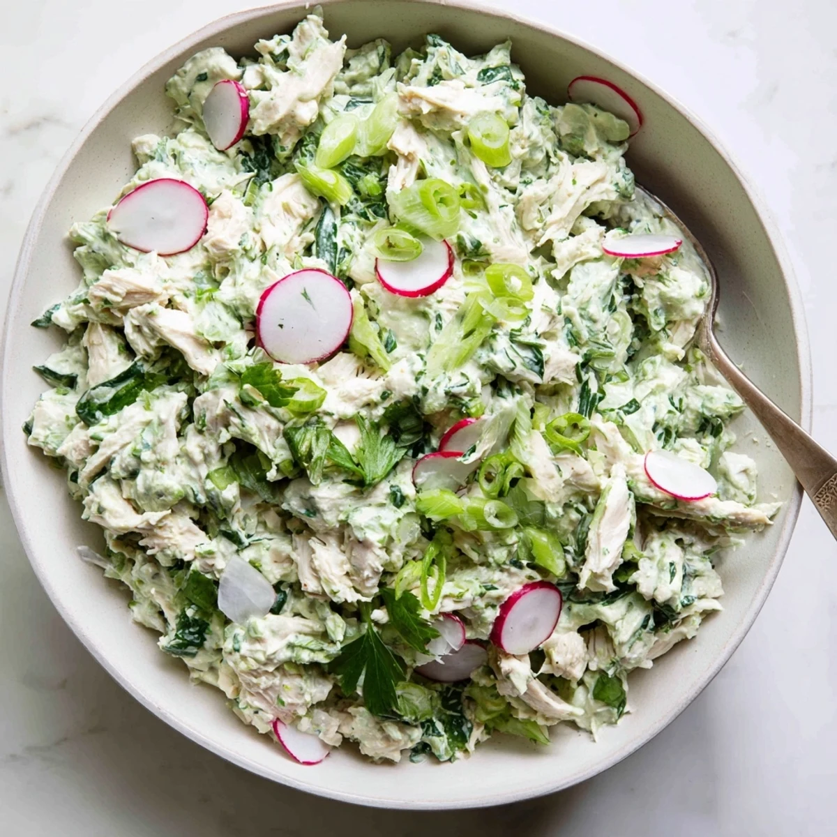 Green Goddess Chicken Salad Dip featuring tender chicken chunks in vibrant herb dressing with fresh vegetables