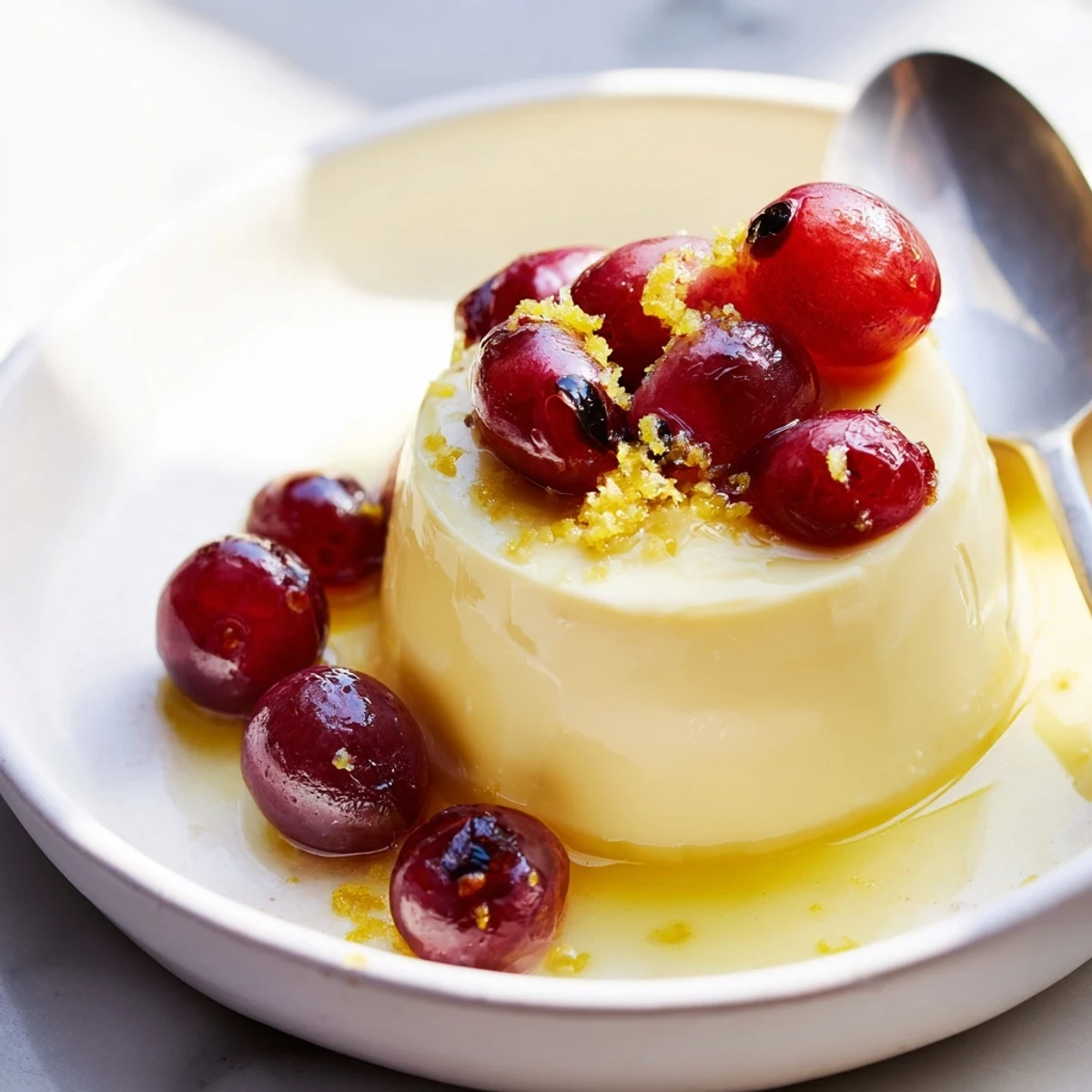 Silky lemon panna cotta dessert topped with roasted and fresh red grapes