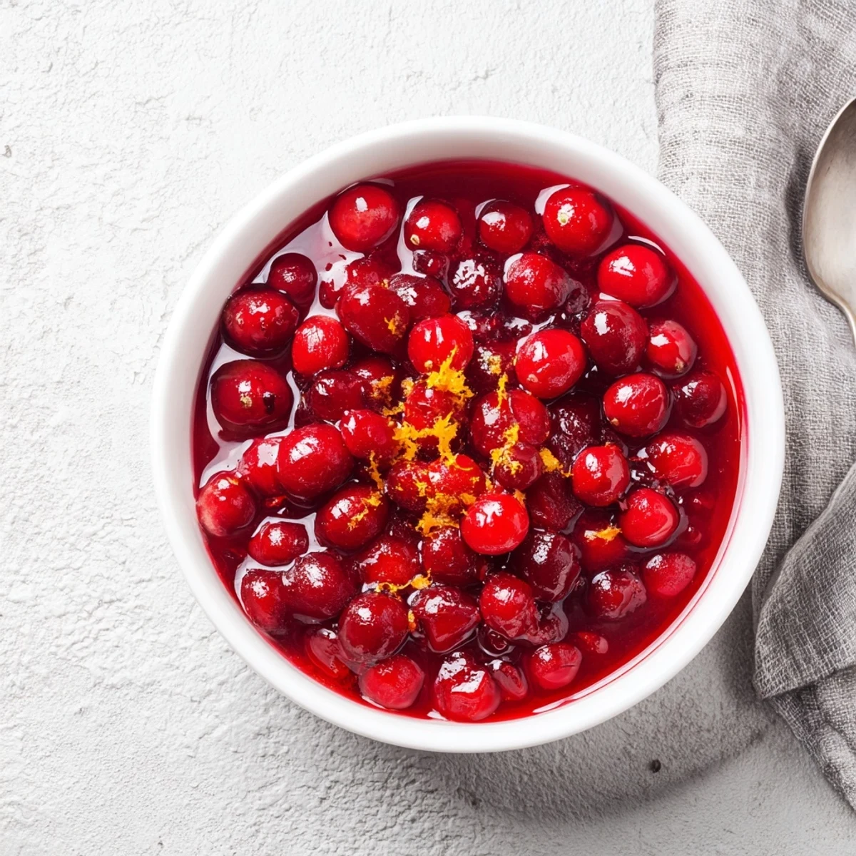 Glossy red homemade cranberry sauce studded with plump whole berries in a white serving bowl