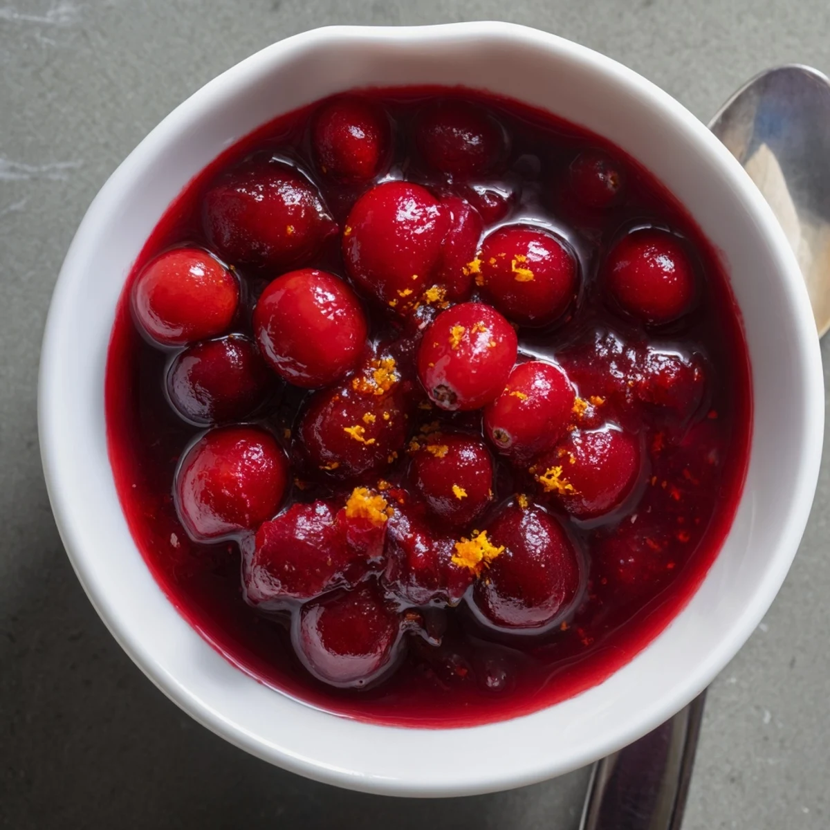 Deep ruby homemade cranberry sauce with whole cranberries spooned onto a festive holiday dinner plate