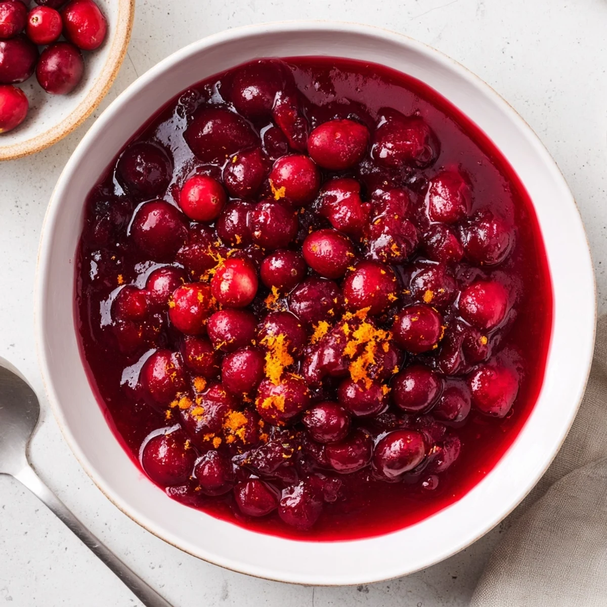 Tangy sweet homemade cranberry sauce glistening with orange zest and cinnamon in a glass dish