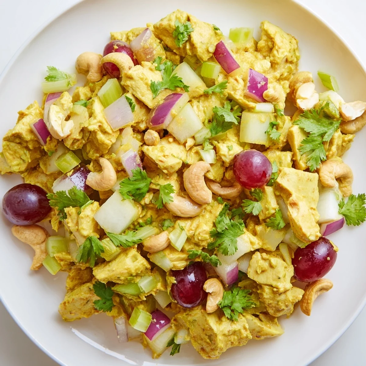 Golden curry chicken salad featuring tender chunks mixed with crisp celery and sweet red grapes