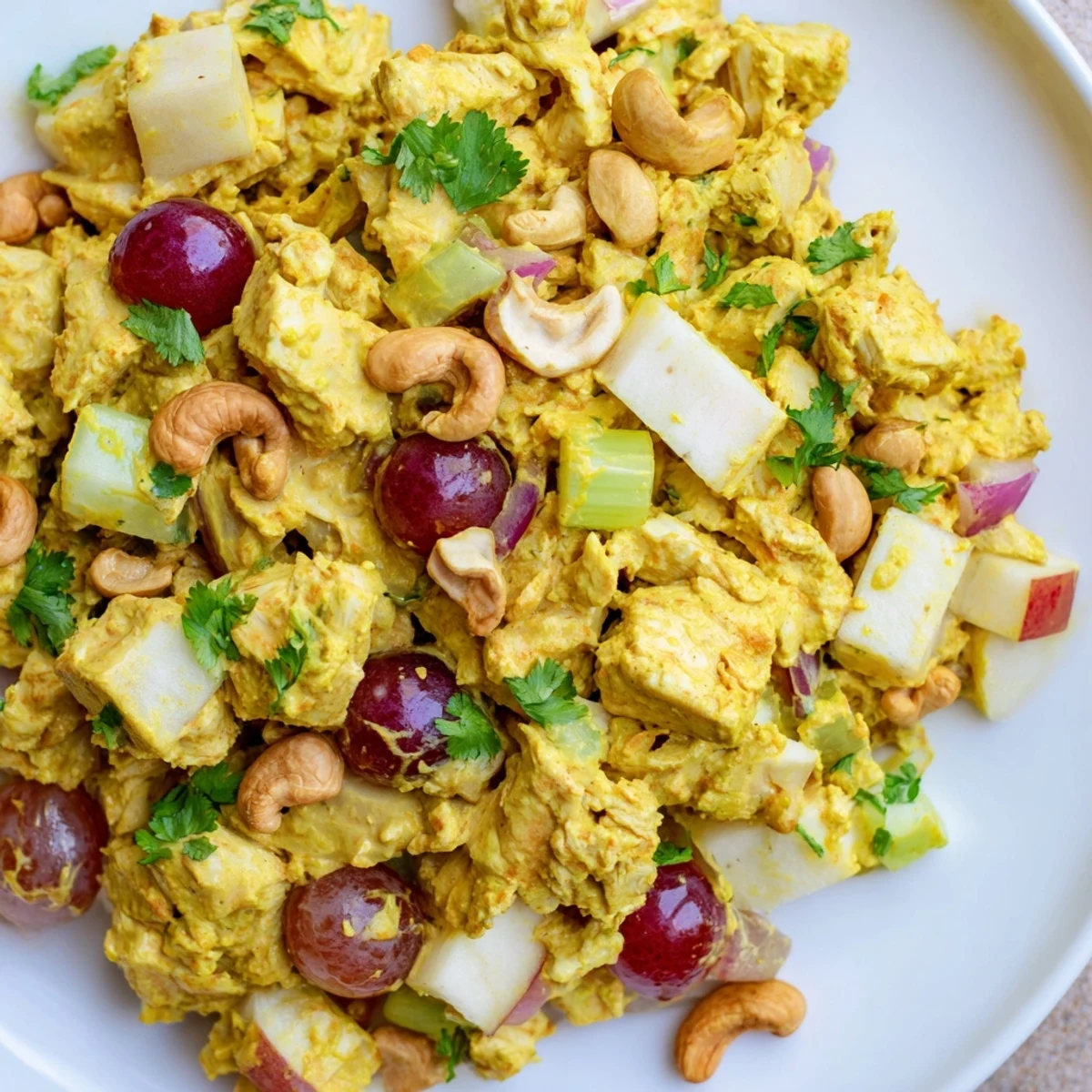 Creamy curry chicken salad served in a bowl with toasted cashews and fresh herbs