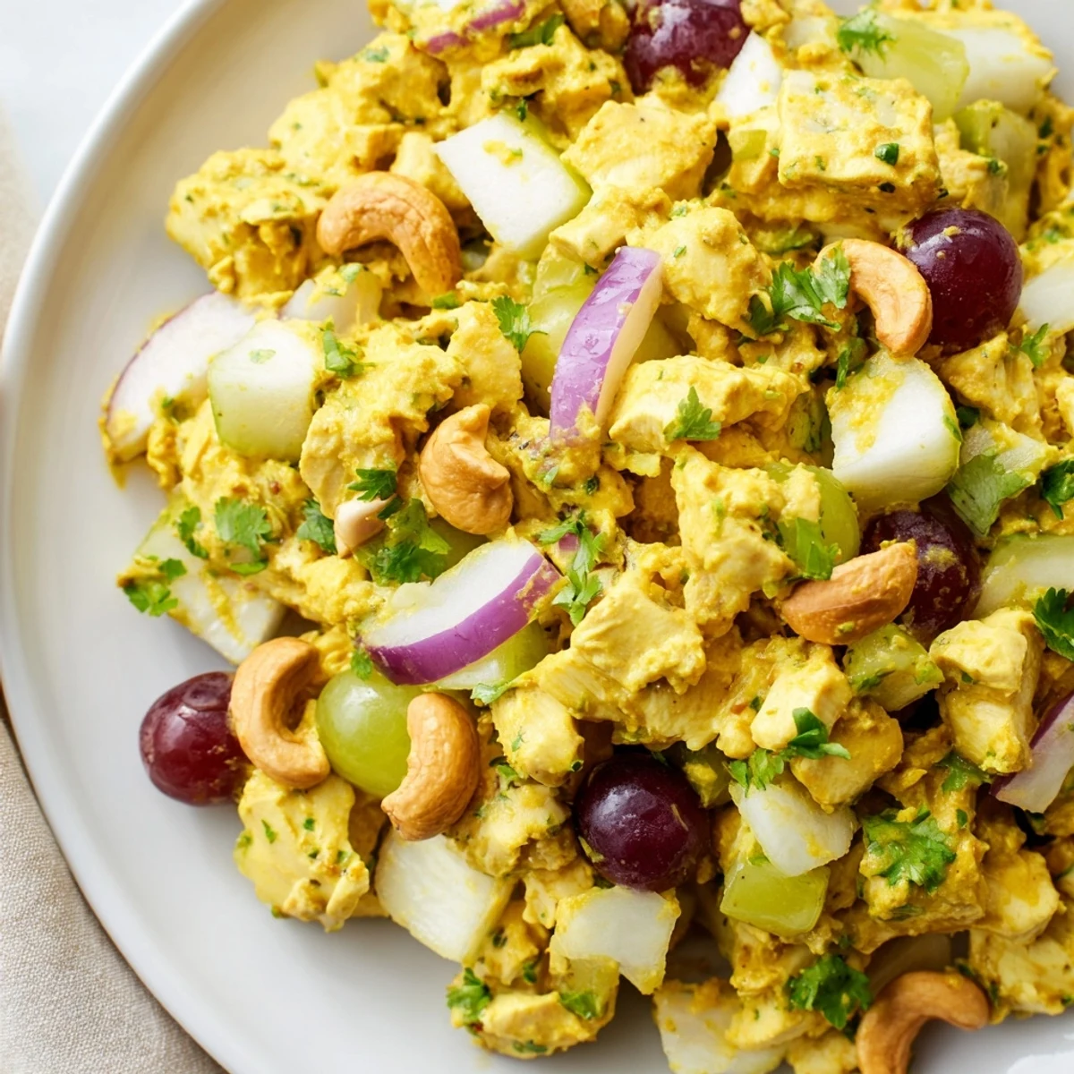 Vibrant chicken curry salad with colorful diced apples and onions in golden spiced dressing