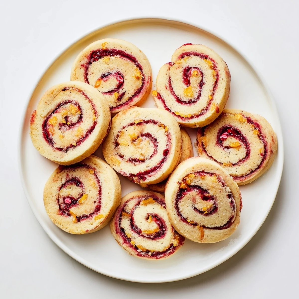 Golden orange cranberry pinwheel cookies with vibrant red swirl spiral on white plate