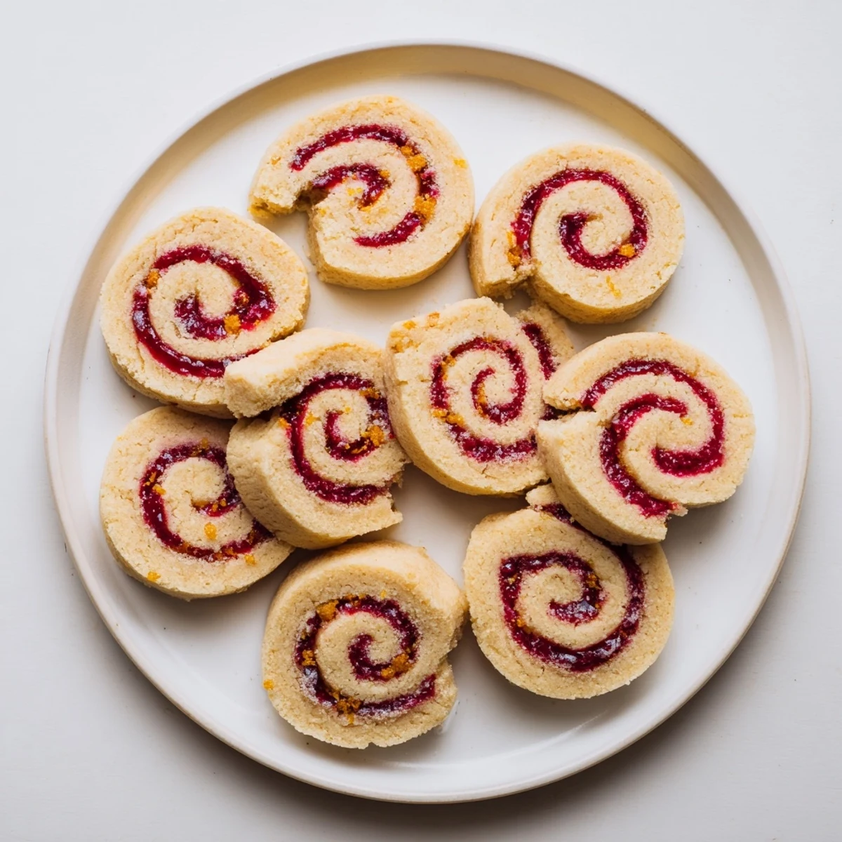 Freshly baked orange cranberry pinwheel cookies showing flaky layers and fruity cranberry filling