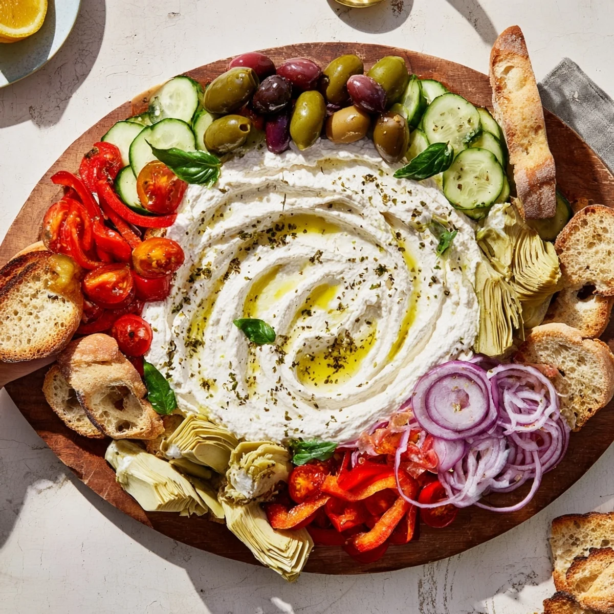 Creamy Mediterranean ricotta board spread with colorful vegetables, olives, and fresh herbs for entertaining