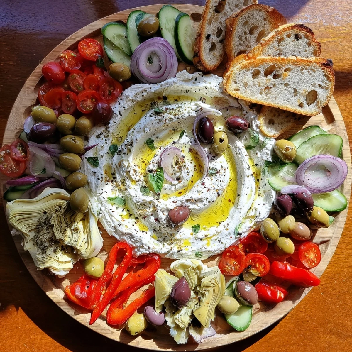 Vibrant ricotta appetizer platter featuring roasted peppers, tomatoes, and artichokes on a wooden serving board