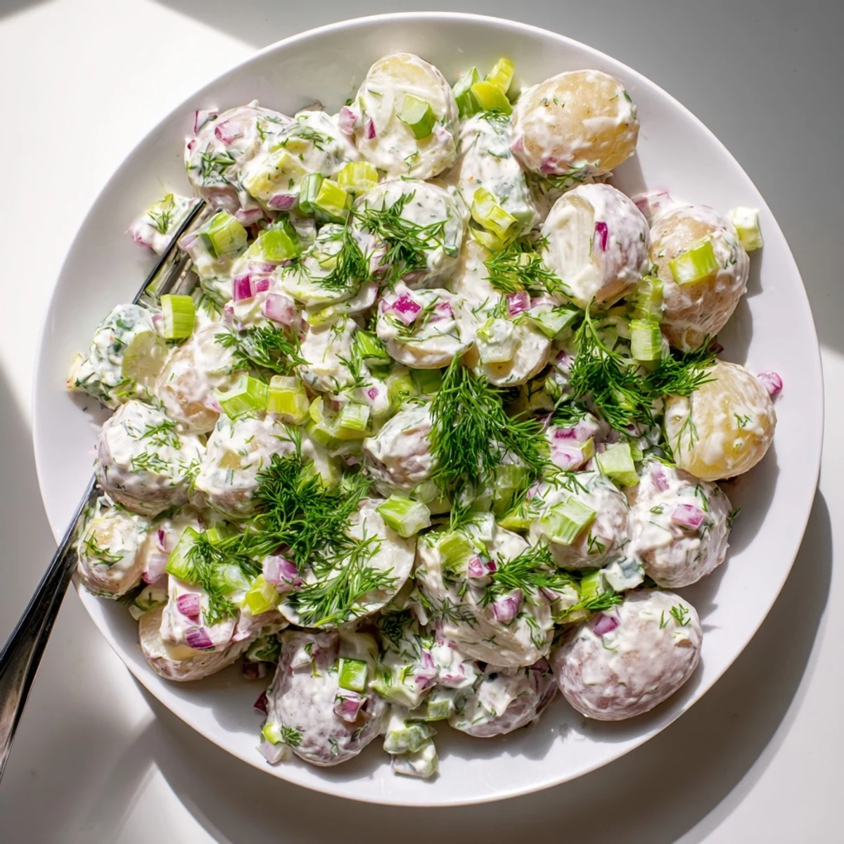Vibrant summer Greek yogurt potato salad featuring chunks potatoes in yogurt herb dressing alongside vegetables