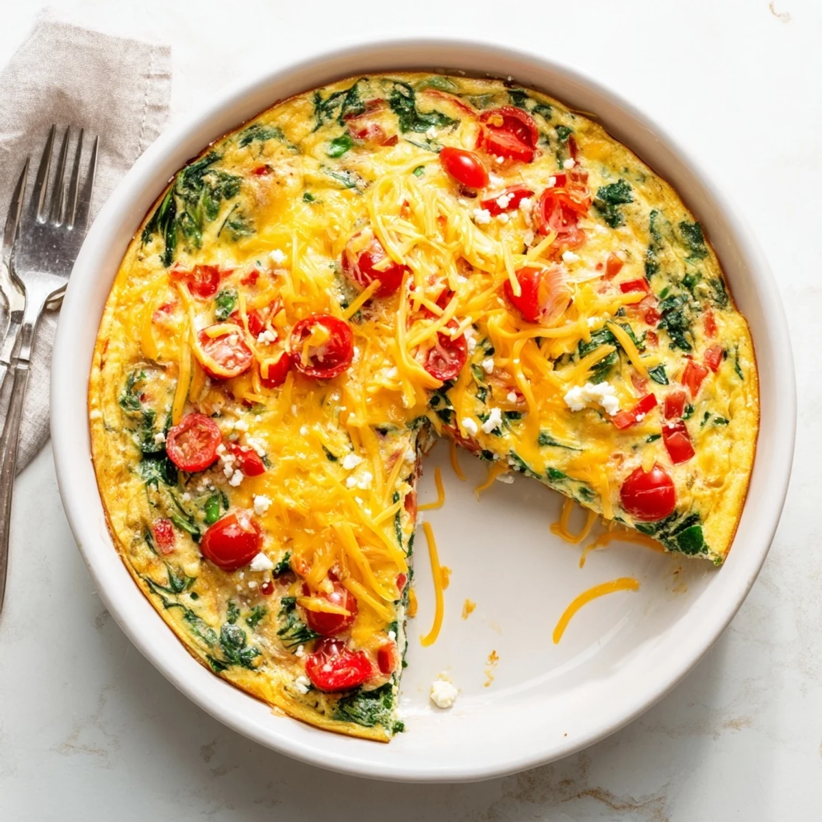 Golden healthy crustless quiche packed with colorful vegetables and melted cheese on a white plate