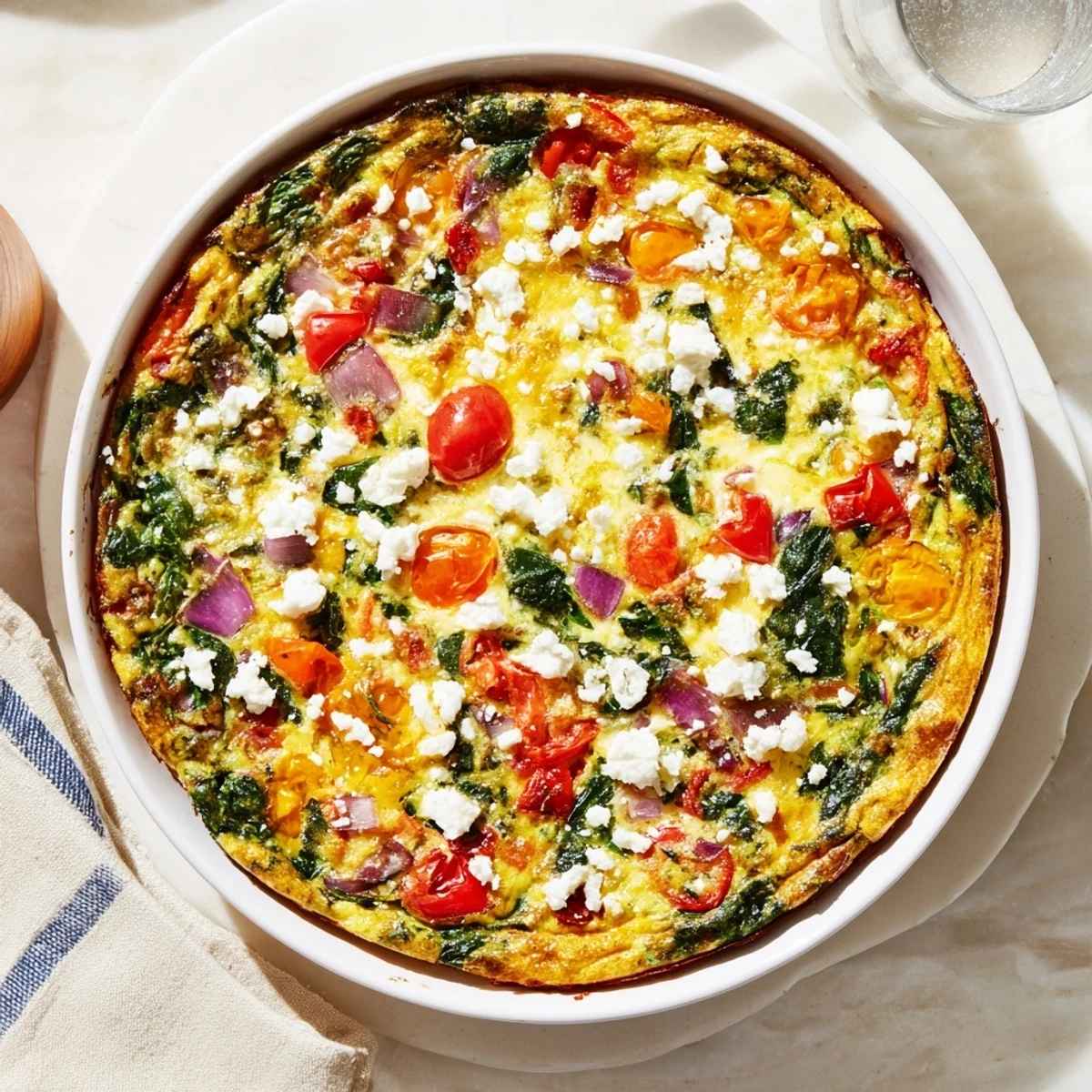 Savory crustless quiche featuring spinach, tomatoes, and peppers baked until golden and set