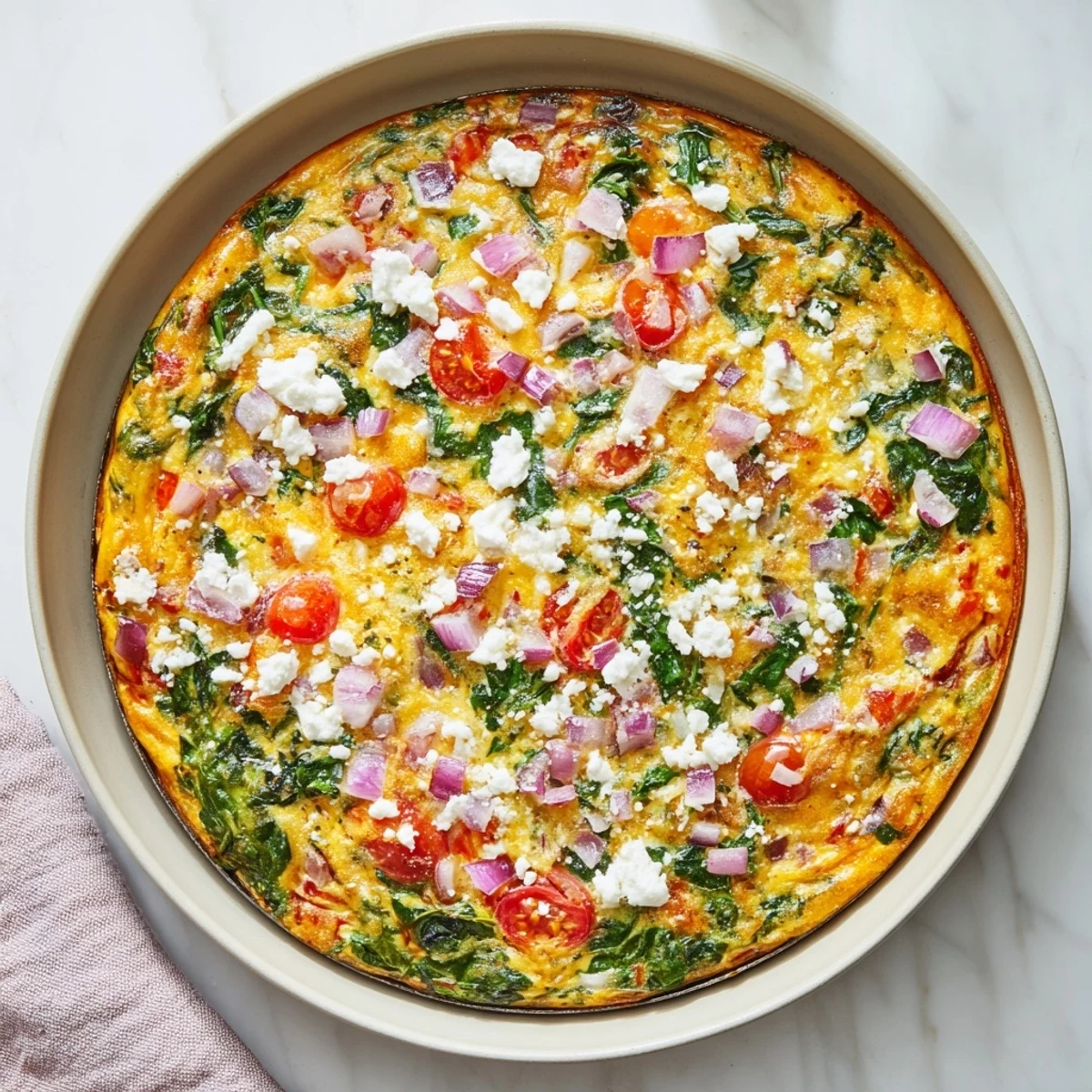 Protein-rich healthy crustless quiche with fresh vegetable medley and feta cheese topping, served warm