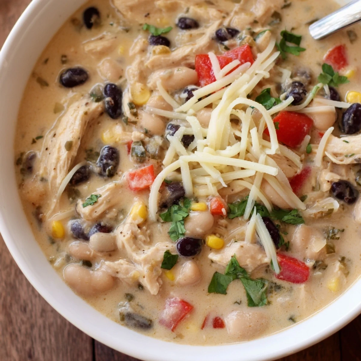 Creamy white chicken chili bowl topped with cheese, cilantro, and tender black beans