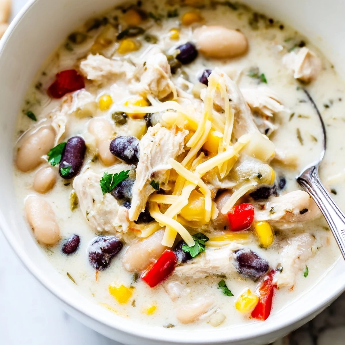 Spoonful of rich white chicken chili featuring shredded chicken and black beans in creamy broth