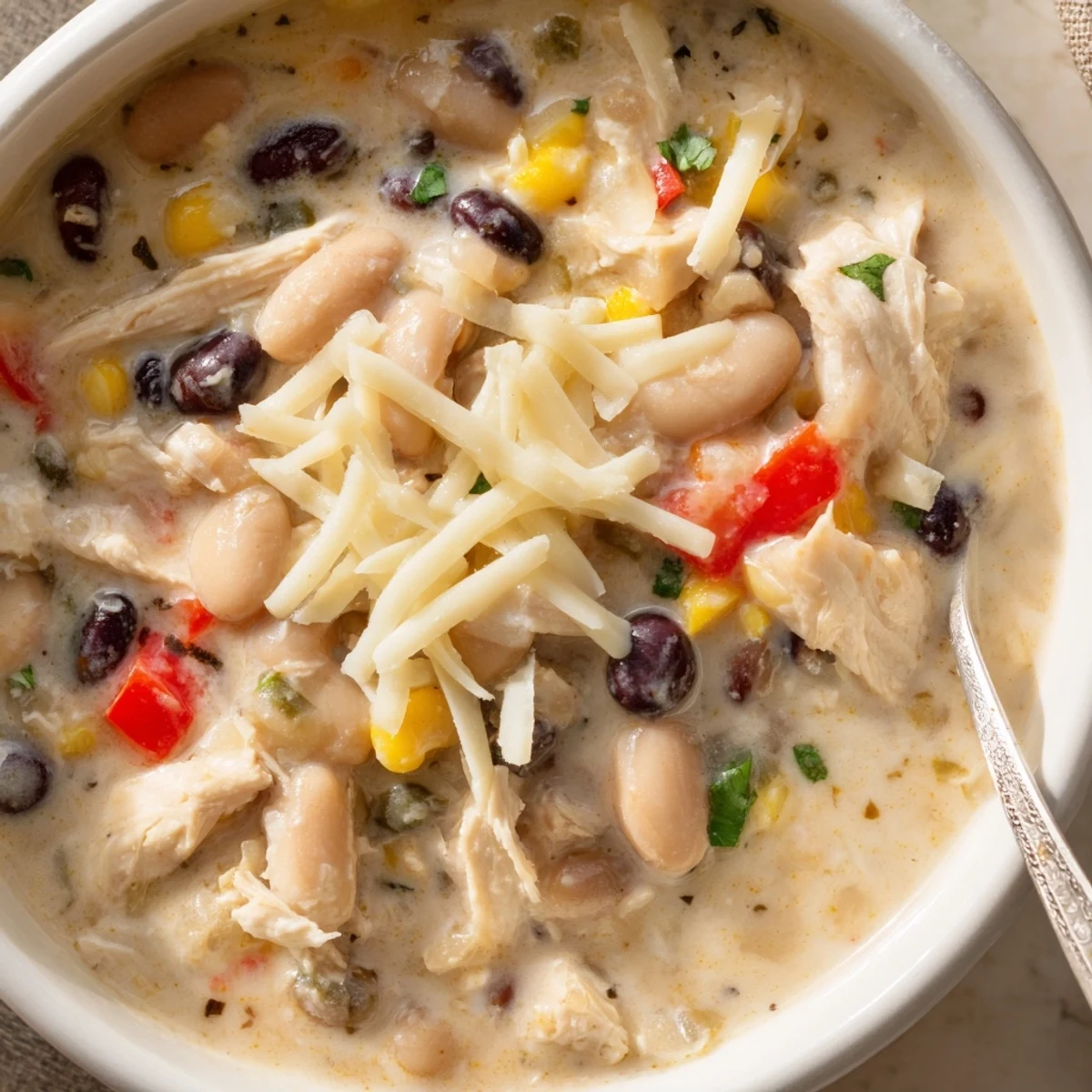 Hearty thick white chicken chili simmered with corn, red peppers, and three bean varieties