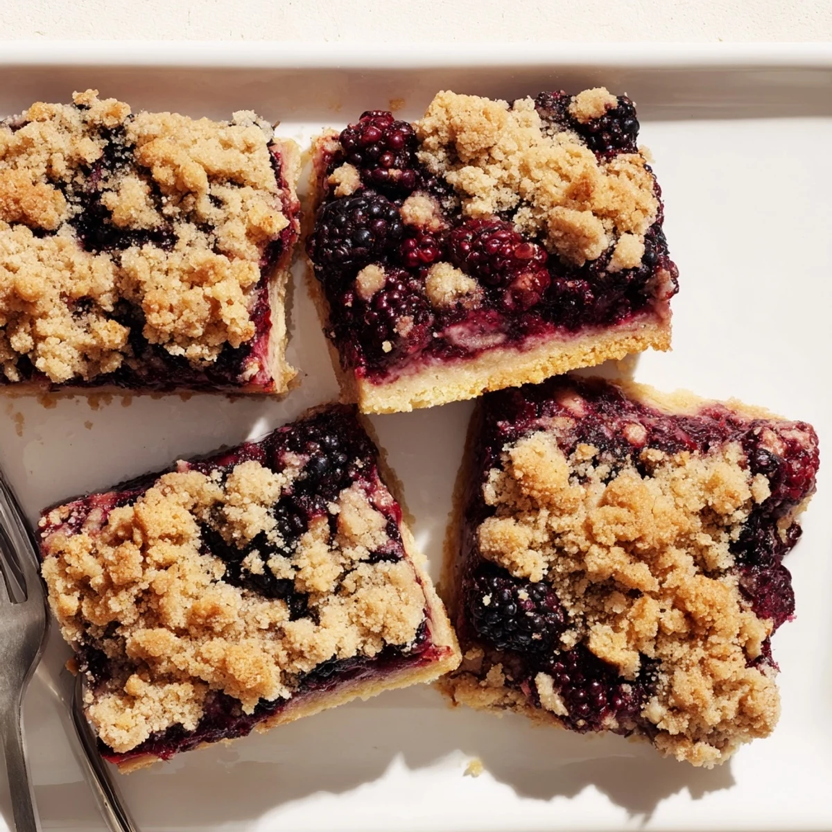 Square slice of tender blackberry crumble bar showing layered purple berries and golden crumbs
