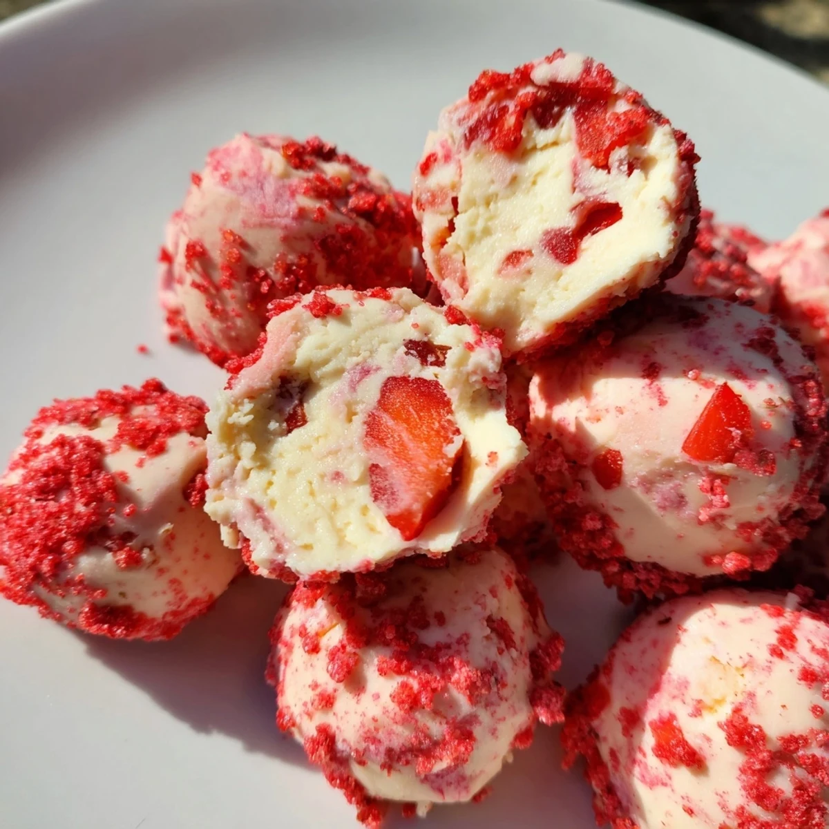 Creamy keto strawberry cheesecake fat bombs topped with crushed freeze-dried strawberry coating
