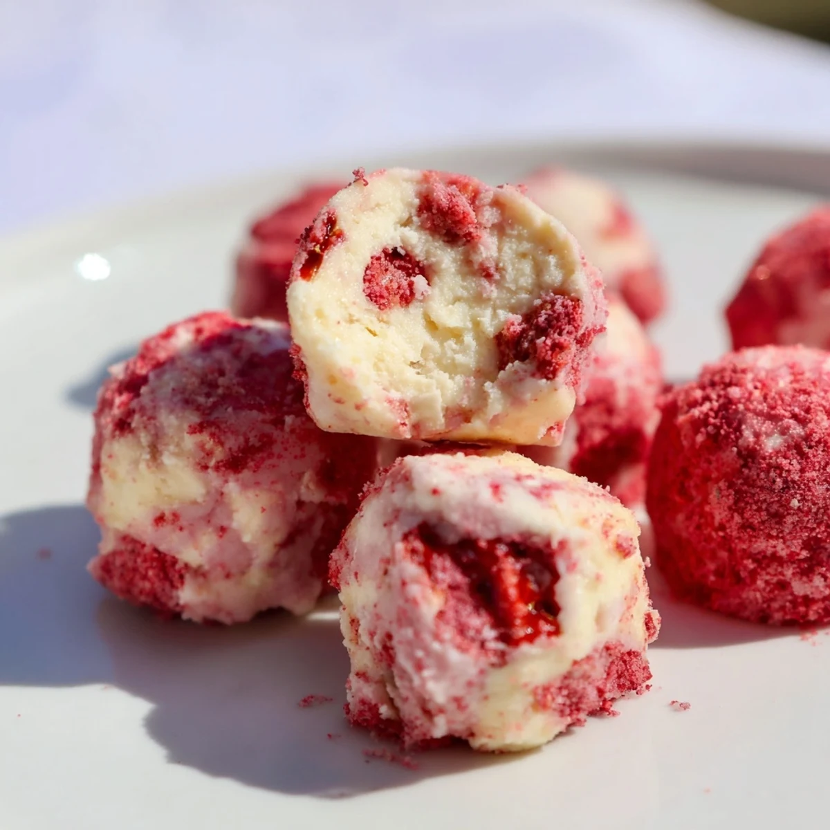 Rich and creamy keto fat bombs featuring sweet strawberries and smooth cheesecake texture