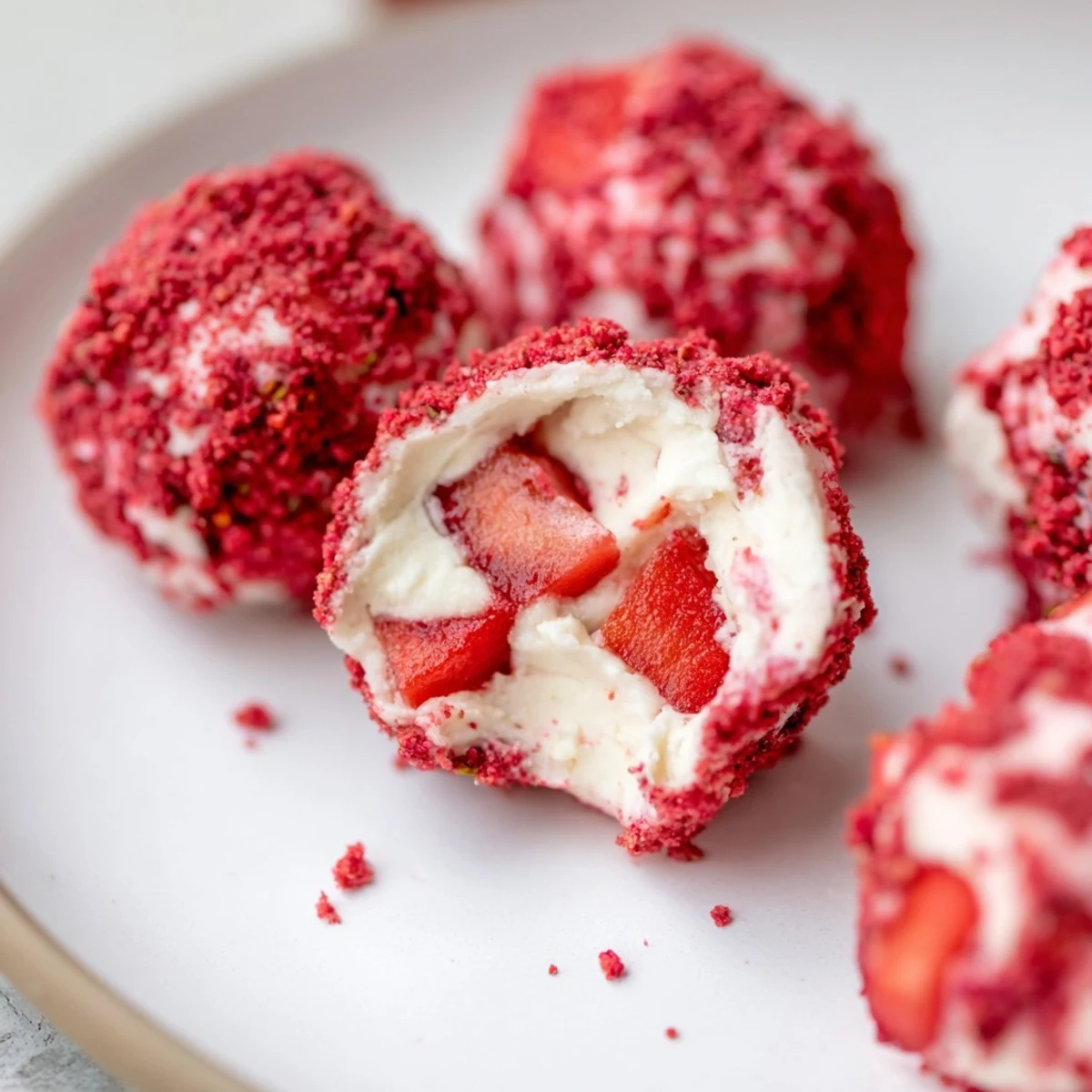 Bite-sized strawberry cheesecake fat bombs arranged on parchment paper with fresh strawberry chunks
