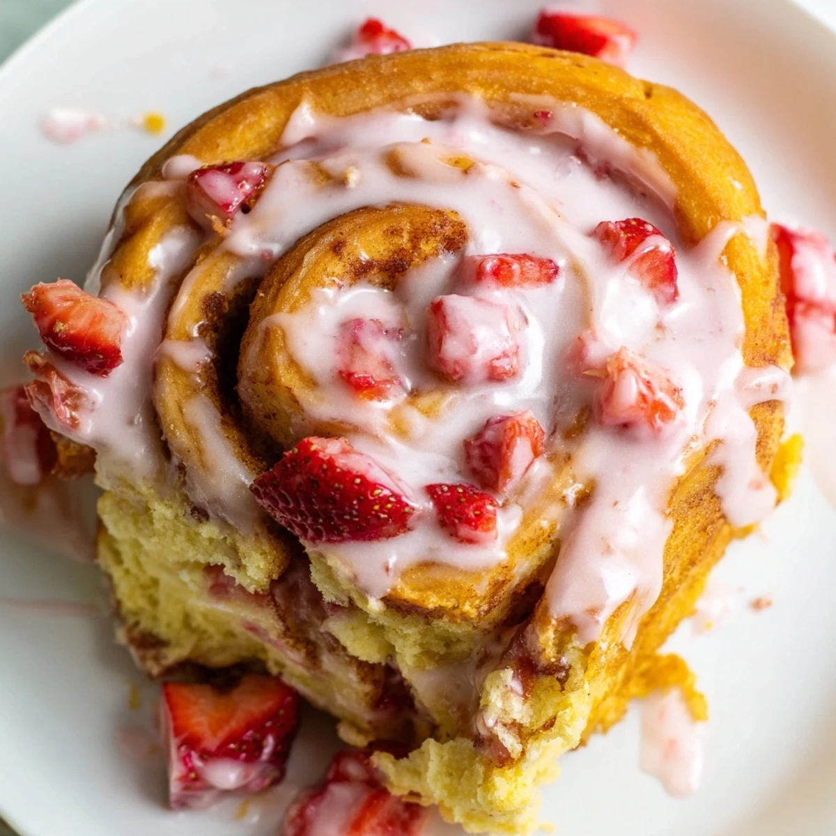 Golden strawberry cheesecake cinnamon rolls drizzled with sweet pink glaze on a white plate